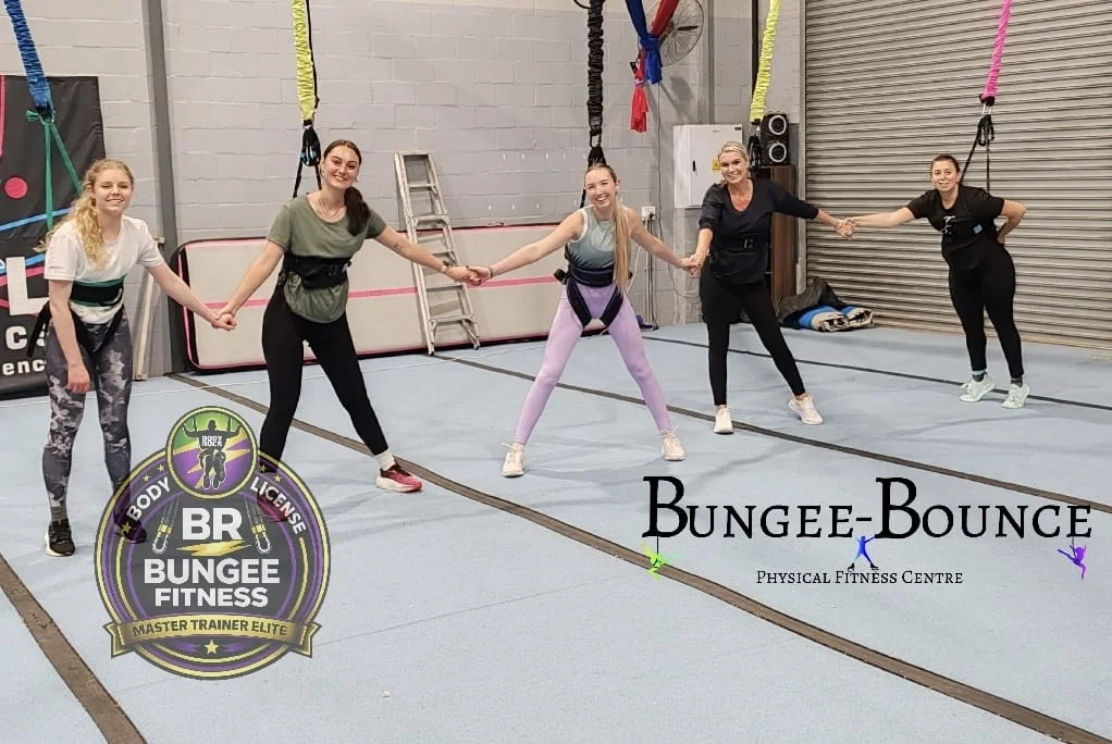 Five Bungee-Bounce members warming up as a group